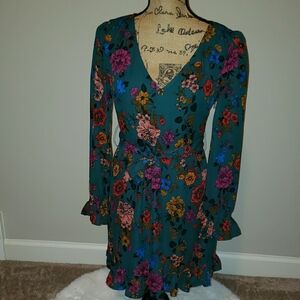 BB Dakota Blue Long Sleeve Fit and Flare Dress with V-Neck for Cocktail